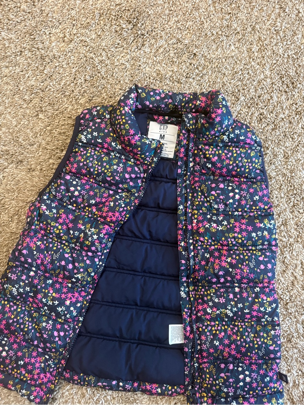 GAP Girls Navy Floral Quilted Puffer Vest with Pink Accents